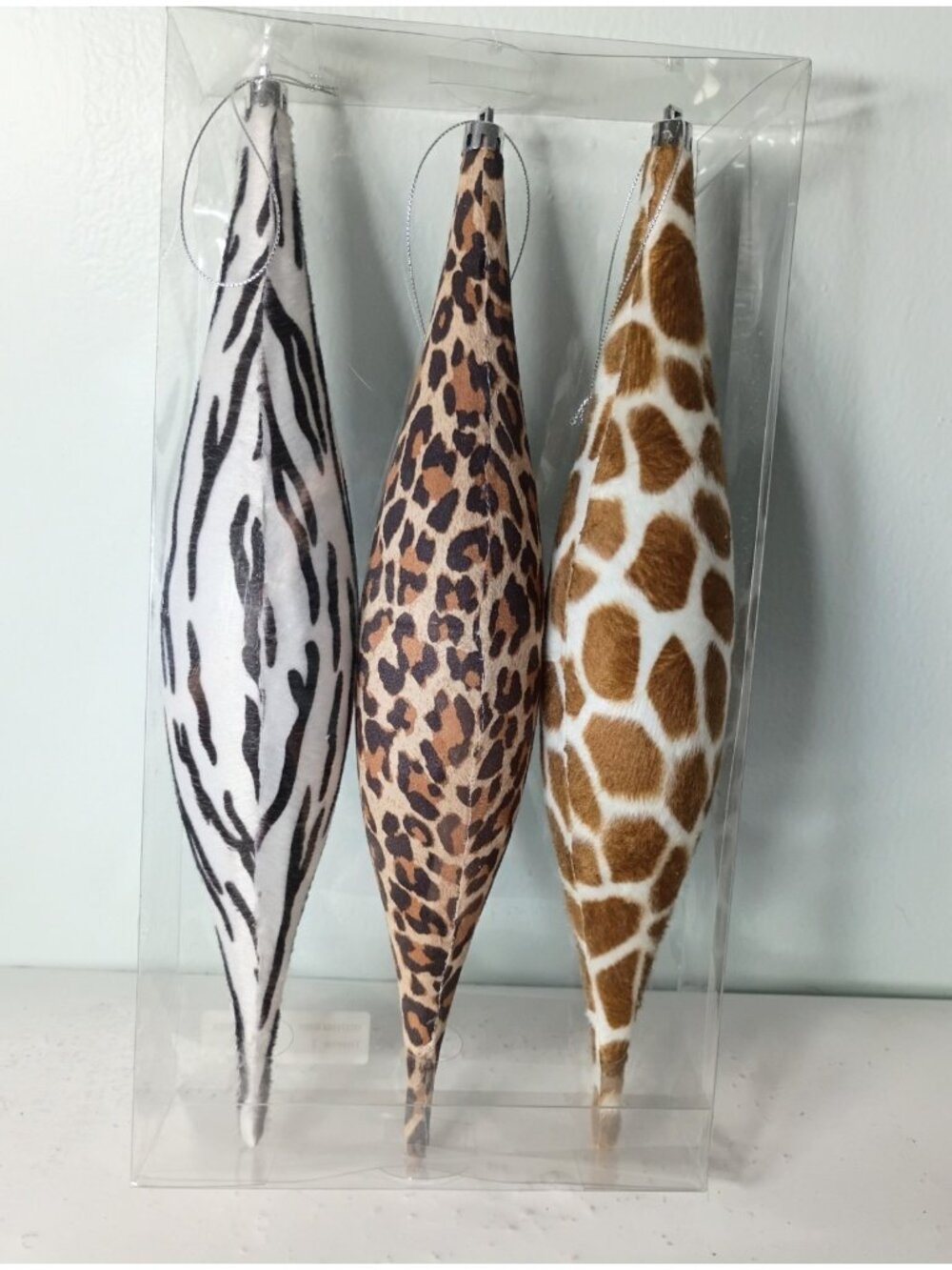 Set of 3 Animal Print Finial Ornaments 13.5" Faux Fur Felt Jungle Cheetah Zebra
